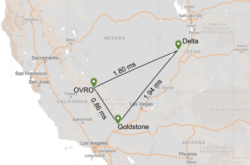 A map showing the relative locations of STARE2 stations at OVRO, Goldstone, and Delta, UT.