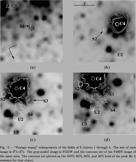 \begin{figure}\plotone{buckalew.fig3.ps}\figcaption{\lq\lq Postage stamp'' enlargemen...
..., and
40\% level of the peak He~{\sc ii} emission for that object.}
\end{figure}