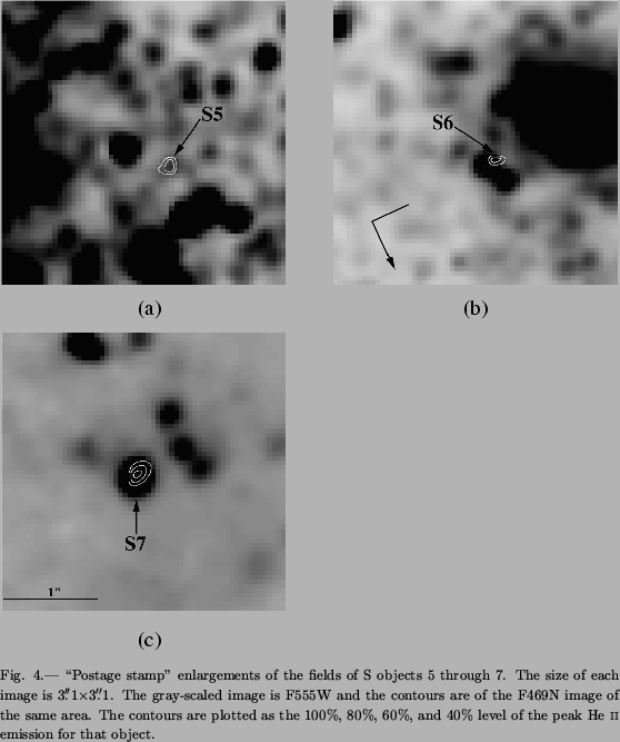\begin{figure}\plotone{buckalew.fig4.ps}\figcaption{\lq\lq Postage stamp'' enlargemen...
..., and
40\% level of the peak He~{\sc ii} emission for that object.}
\end{figure}