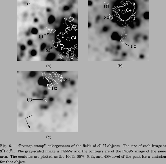 \begin{figure}\plotone{buckalew.fig6.ps}\figcaption{\lq\lq Postage stamp'' enlargemen...
..., and
40\% level of the peak He~{\sc ii} emission for that object.}
\end{figure}