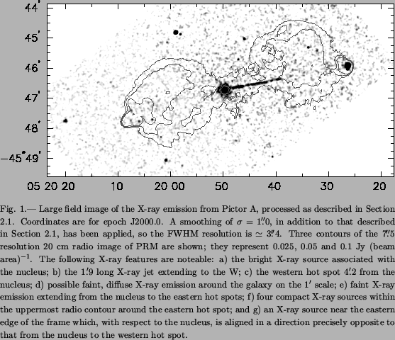 \begin{figure}\plotone{fig1.ps}\figcaption[fig1.ps] {Large field image of the X-...
...ecisely opposite to that from the nucleus to the western hot spot.}
\end{figure}